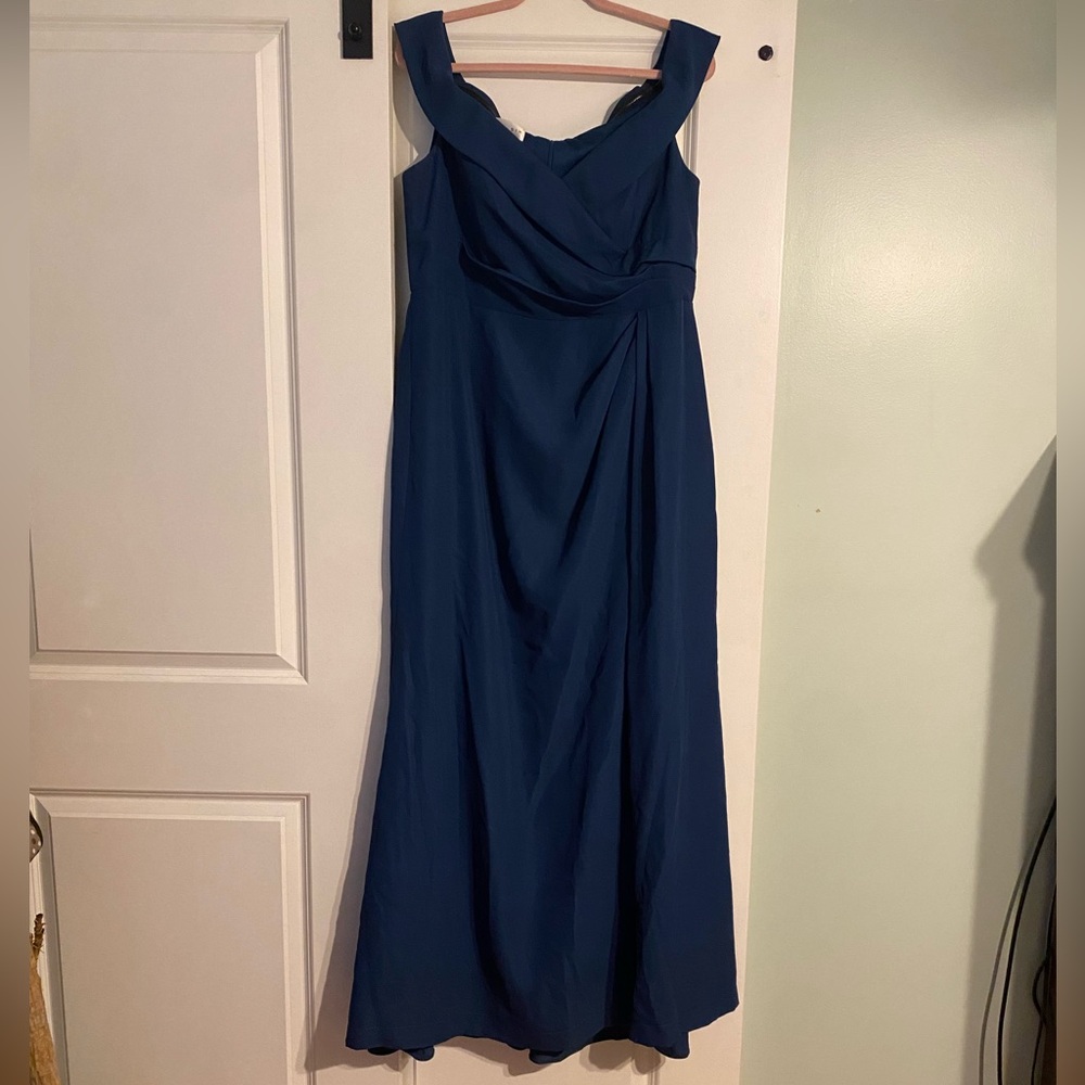 After Six - Deep Teal Atlantic Blue Off the Shoulder Crepe Gown Maxi Dress - Picture 8 of 15